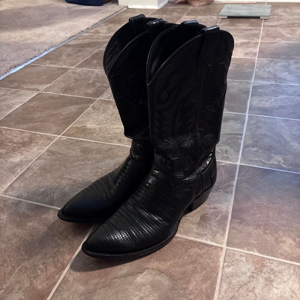 Vtg 90s Justin leather and reptile skin cowboy boots, great shape, sz 10.5
